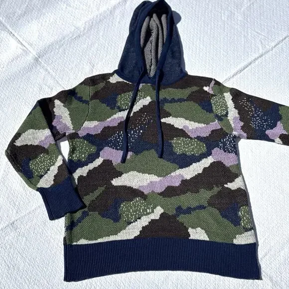 Oddi Camo Knit Hoodie Sweater Large Green Purple Navy Pullover Casual Streetwear - Picture 2 of 11